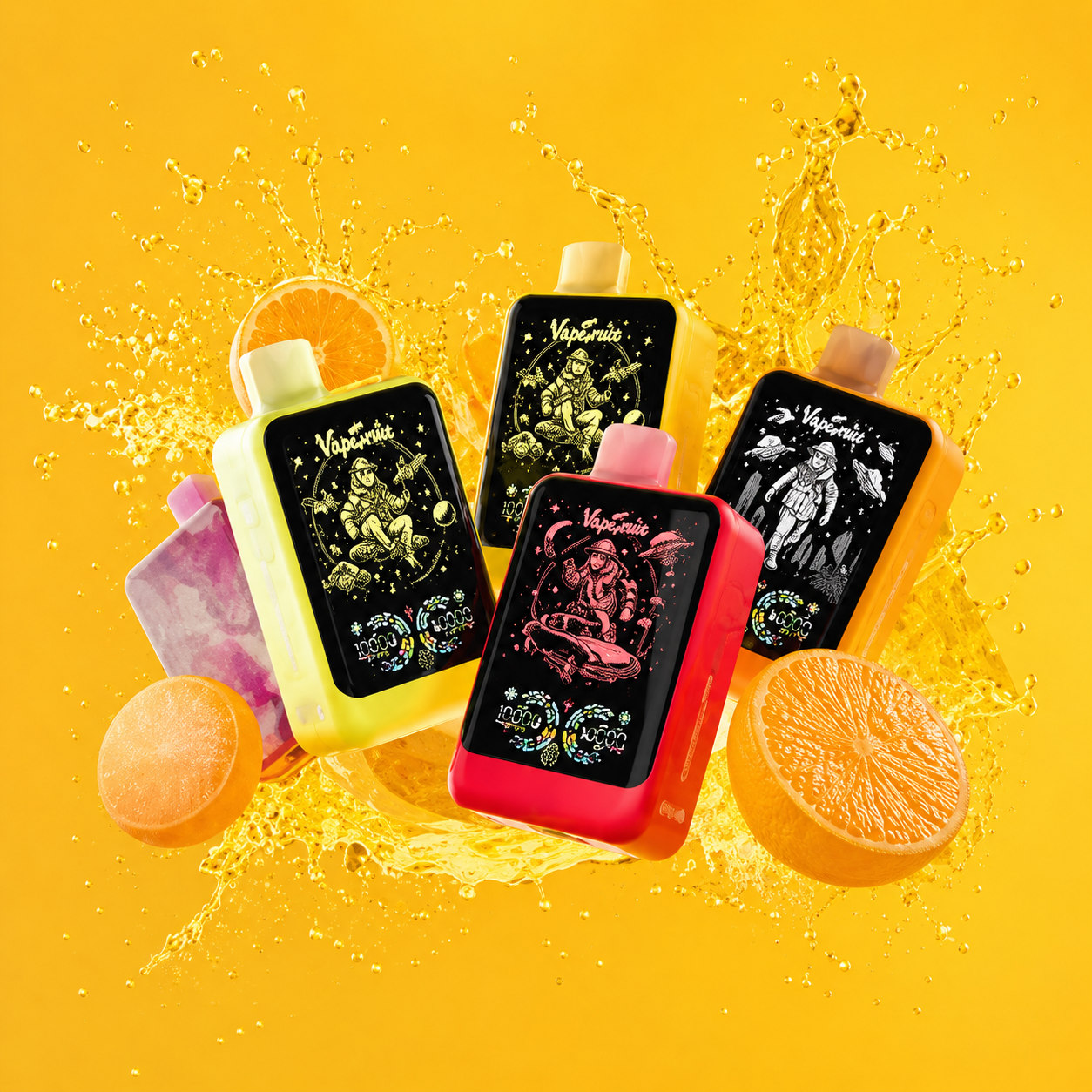 Vapsolo citrus fruit disposable vape devices with orange splash background