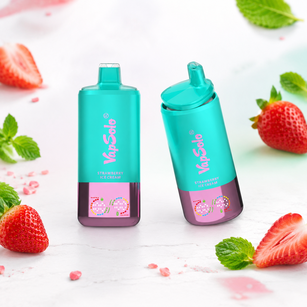 Vapsolo disposable vape strawberry flavored lifestyle product photo with fresh fruit decoration